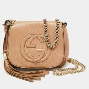 Pre Owned Gucci Beige Leather Soho Flap Chain Crossbody Bag