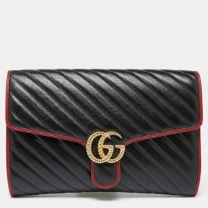 Pre Owned Gucci Black/Red Diagonal Quilt Leather GG Marmont Torchon Clutch