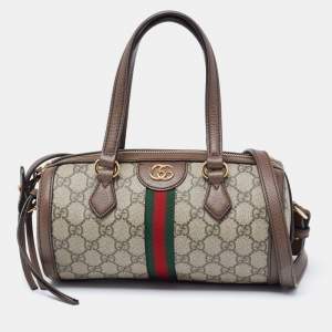 Pre Owned Gucci Beige/Brown GG Supreme Canvas and Leather Small Ophidia Boston Bag