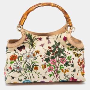 Pre Owned Gucci Ivory/Beige Flora Print Canvas And Leather Bamboo Satchel