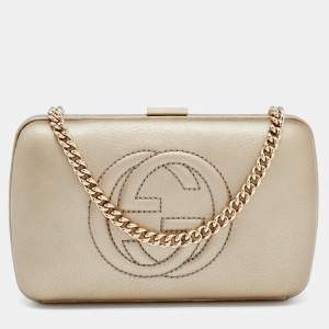 Pre Owned Gucci Beige Leather Soho Hard Case Chain Clutch