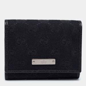 Pre Owned Gucci Black GG Canvas and Leather Flap Card Holder