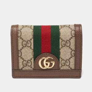 Pre Owned Gucci Beige/Brown GG Supreme Canvas and Leather Ophidia Web Compact Wallet