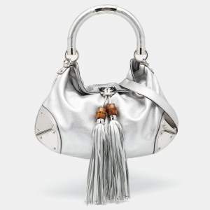 Pre Owned Gucci Metallic Silver Leather Medium Babouska Indy Hobo