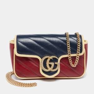 Pre Owned Gucci Red/Blue Diagonal Quilt Leather Super Mini GG Marmont Torchon Shoulder Bag