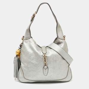 Pre Owned Gucci Metallic Silver Guccissima Leather Medium New Jackie Shoulder Bag