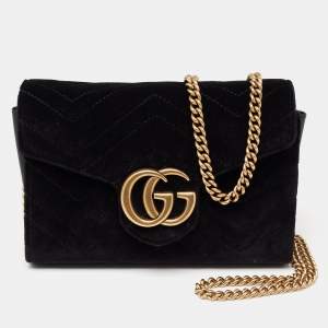 Gucci Black Matelassé Velvet GG Marmont Wallet On Chain