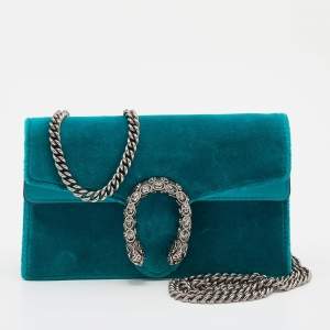 Pre Owned Gucci Teal Blue Velvet And Leather Super Mini Dionysus Shoulder Bag