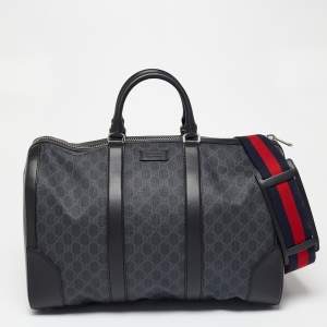 Pre Owned Gucci Black GG Supreme Canvas and Leather Carry On Duffel Bag