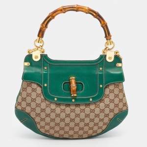 Pre Owned Gucci Beige/Green GG Canvas And Leather Peggy Bamboo Top Handle Bag