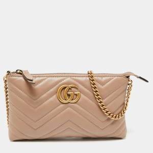 Pre Owned Gucci Beige Matelasse Leather GG Marmont Mini Chain Crossbody Bag