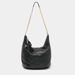 Pre Owned Gucci Black Grained Leather Soho Chain Hobo