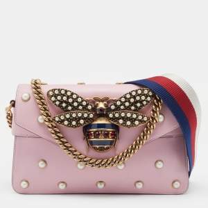 Pre Owned Gucci Pink Leather Broadway Pearly Bee Shoulder Bag