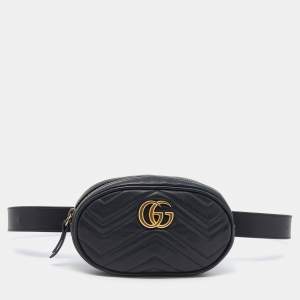 Pre Owned Gucci Black Matelassé Leather GG Marmont Belt Bag