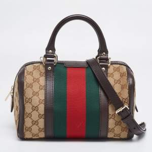 Pre Owned Gucci Dark Brown/Beige GG Canvas and Leather Small Vintage Web Boston Bag