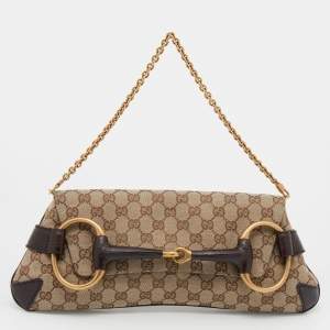 مملوكة مسبقًا حقيبة كلتش غوتشي هورسبيت جلد وكانفاس جي جي بيج/بني بسلسلة
