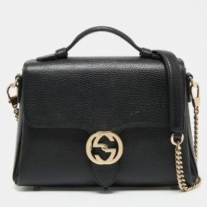 Pre Owned Gucci Black Leather Dollar Interlocking G Top Handle Bag