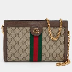Pre Owned Gucci Beige/Ebony GG Supreme Canvas and Leather Small Ophidia Shoulder Bag
