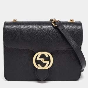 Pre Owned Gucci Black Leather Dollar Interlocking G Crossbody Bag