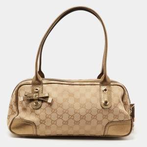 Pre Owned Gucci Gold/Beige GG Canvas and Leather Princy Boston Bag