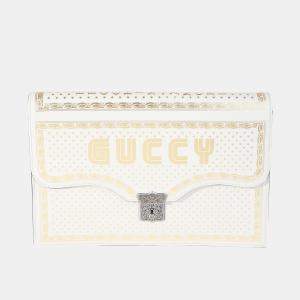 Gucci White Calfskin Leather Star Printed Star Printed GUCCY Portfolio Clutch Bag 