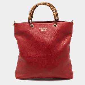 مملوكة مسبقًا Gucci Red Leather Bamboo Handle Tote