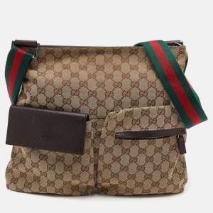 مملوكة مسبقًا Gucci Beige GG Canvas Medium Web Double Pocket Messenger Bag