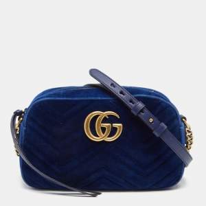 Gucci Royal Blue Matelassé Velvet Small GG Marmont Shoulder Bag