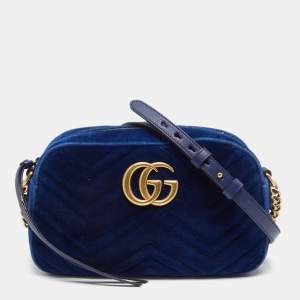 Pre Owned Gucci Royal Blue Matelassé Velvet Small GG Marmont Shoulder Bag