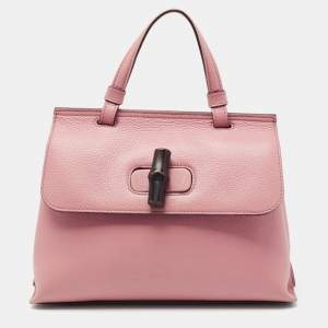 Pre Owned Gucci Pink Leather Small Bamboo Daily Top Handle Bag