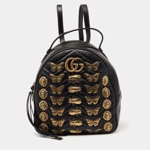 Gucci Black Matelassé Leather GG Marmont Animal Stud Rucksack Backpack