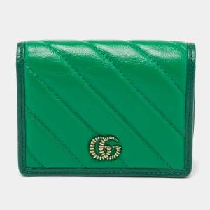 Gucci Green Diagonal Quilt Leather Torchon GG Marmont Card Case 