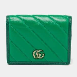 Pre Owned Gucci Green Diagonal Quilt Leather Torchon GG Marmont Card Case 