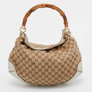 مملوكة مسبقًا حقيبة هوبو غوتشي بيغي بامبو جلد وكانفاس جي جي بيج/أوف وايت متوسطة