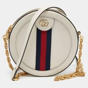 Pre Owned Gucci White Leather Web Round Mini Ophidia Shoulder Bag