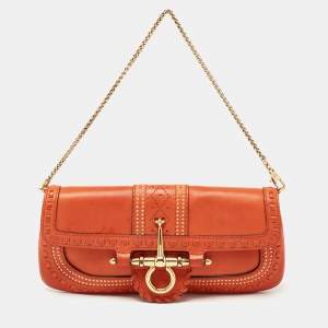 مملوكة مسبقًا Gucci Orange Leather Snaffle Bit Chain Baguette Bag