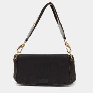 Pre Owned Gucci Black Canvas and Leather Flap Baguette Bag
