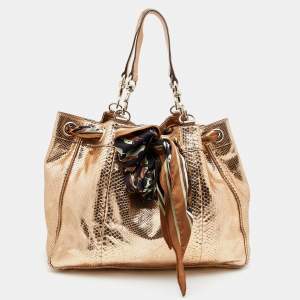 Pre Owned Gucci  Metallic Gold Python Leather Positano Scarf Tote