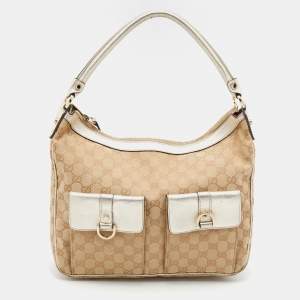 Pre Owned Gucci Beige/Metallic Gold GG Canvas And Leather D-Gold Multipocket Hobo