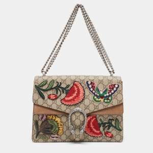 Pre Owned Gucci Beige GG Supreme Canvas and Suede Medium Embroidered Dionysus Shoulder Bag