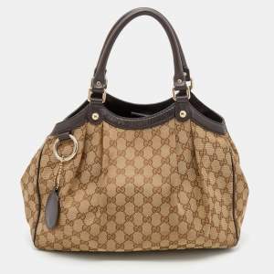 Pre Owned Gucci Beige/Brown GG Canvas And Leather Medium Sukey Tote