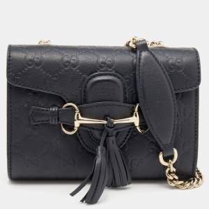 Pre Owned Gucci Black Guccissima Leather Mini Emily Chain Shoulder Bag