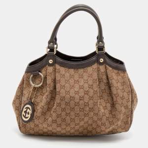 Pre Owned Gucci Beige/Brown GG Canvas And Leather Medium Sukey Tote 