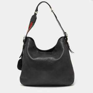Pre Owned Gucci Black Leather Gucci Heritage Web Striped Hobo