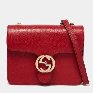Pre Owned Gucci Red Leather Interlocking G Chain Shoulder Bag