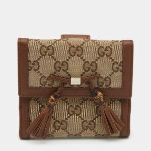Gucci Beige/Brown GG Canvas and Leather Bamboo Tassel Compact Wallet 