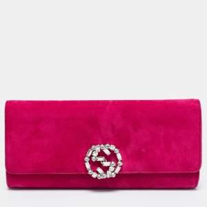 Pre Owned Gucci Pink Suede Interlocking G Crystal Embellished Broadway Clutch
