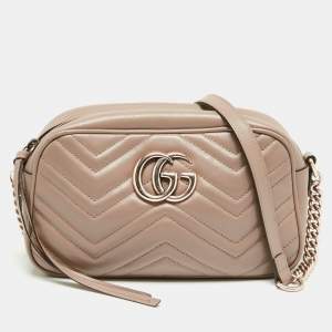 Gucci Beige Matelasse Leather Small GG Marmont Camera Crossbody Bag