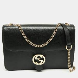 Pre Owned Gucci Black Leather Medium Interlocking G Shoulder Bag