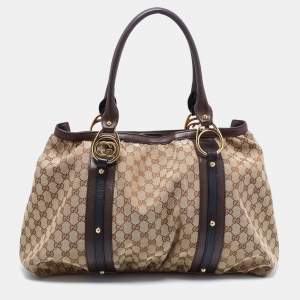 Pre Owned حقيبة يد غوتشي جلد وكانفاس جي جي بني / بيج حرف جي متشابك كبيرة